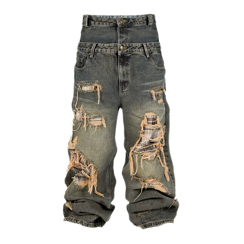THEWET Split Tongue 14 oz Double Waist Hole Damaged Plaid Patch Baggy Loose Fat Loose Jeans