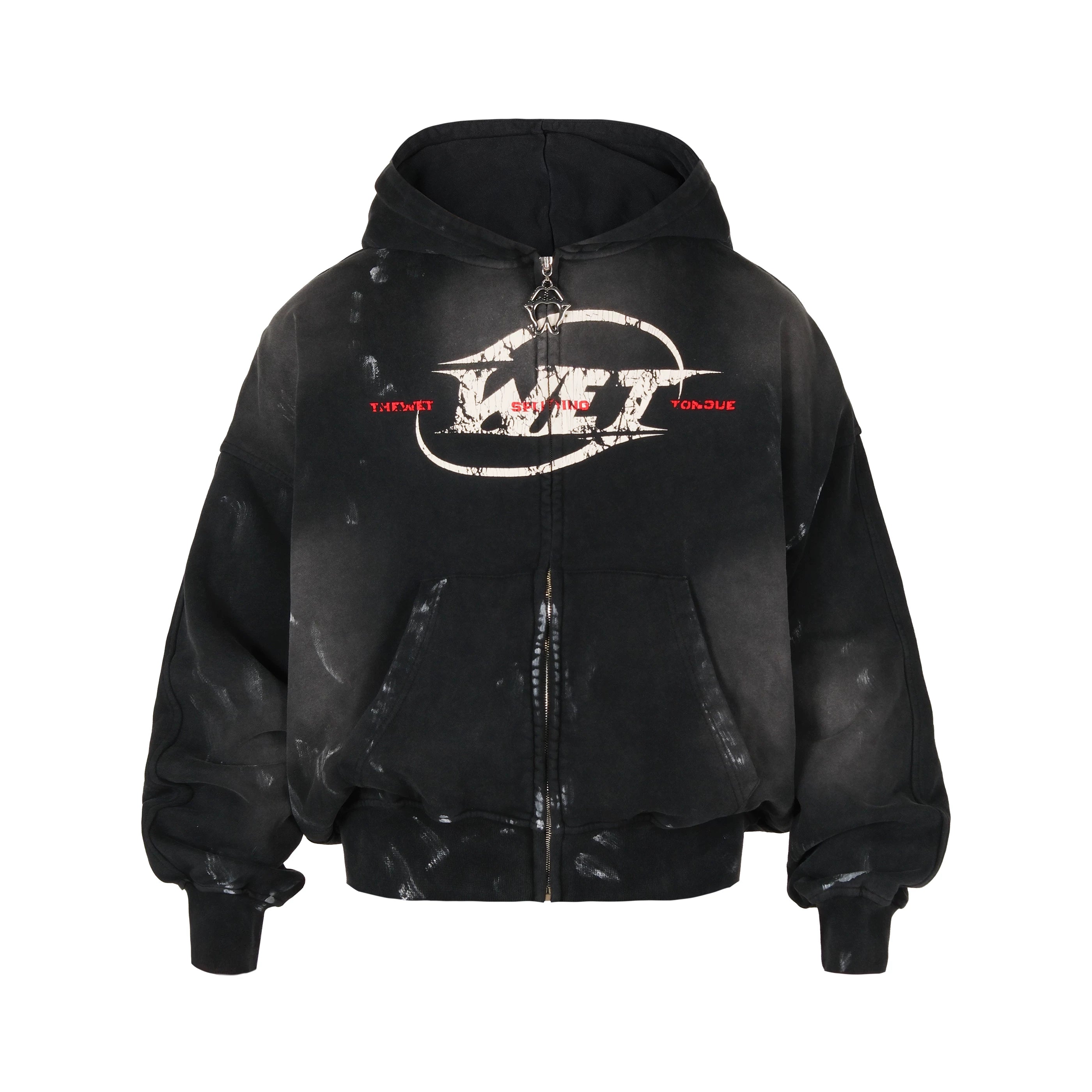 THEWET 2026AW Spring Street Casual Zipper Hoodie 400g Aged Cracked Printed Spray Dirty Hoodie