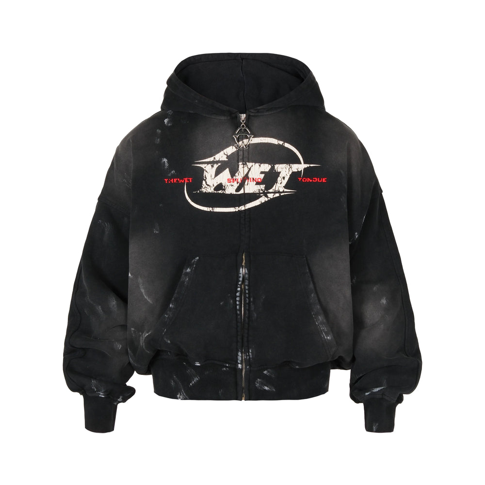 THEWET 2026AW Spring Street Casual Zipper Hoodie 400g Aged Cracked Printed Spray Dirty Hoodie