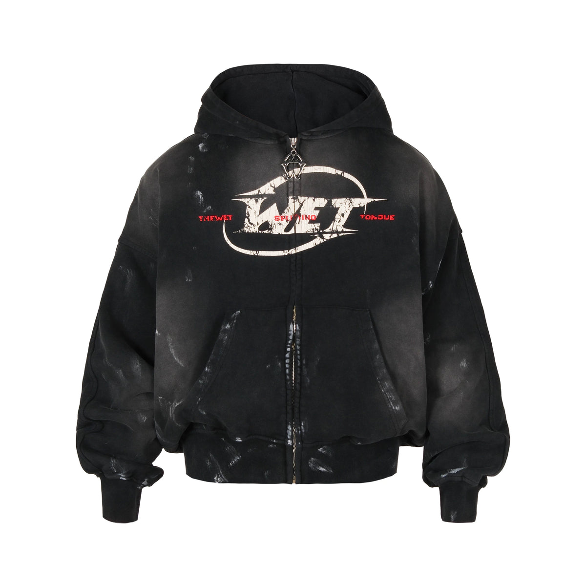 THEWET 2026AW Spring Street Casual Zipper Hoodie 400g Aged Cracked Printed Spray Dirty Hoodie