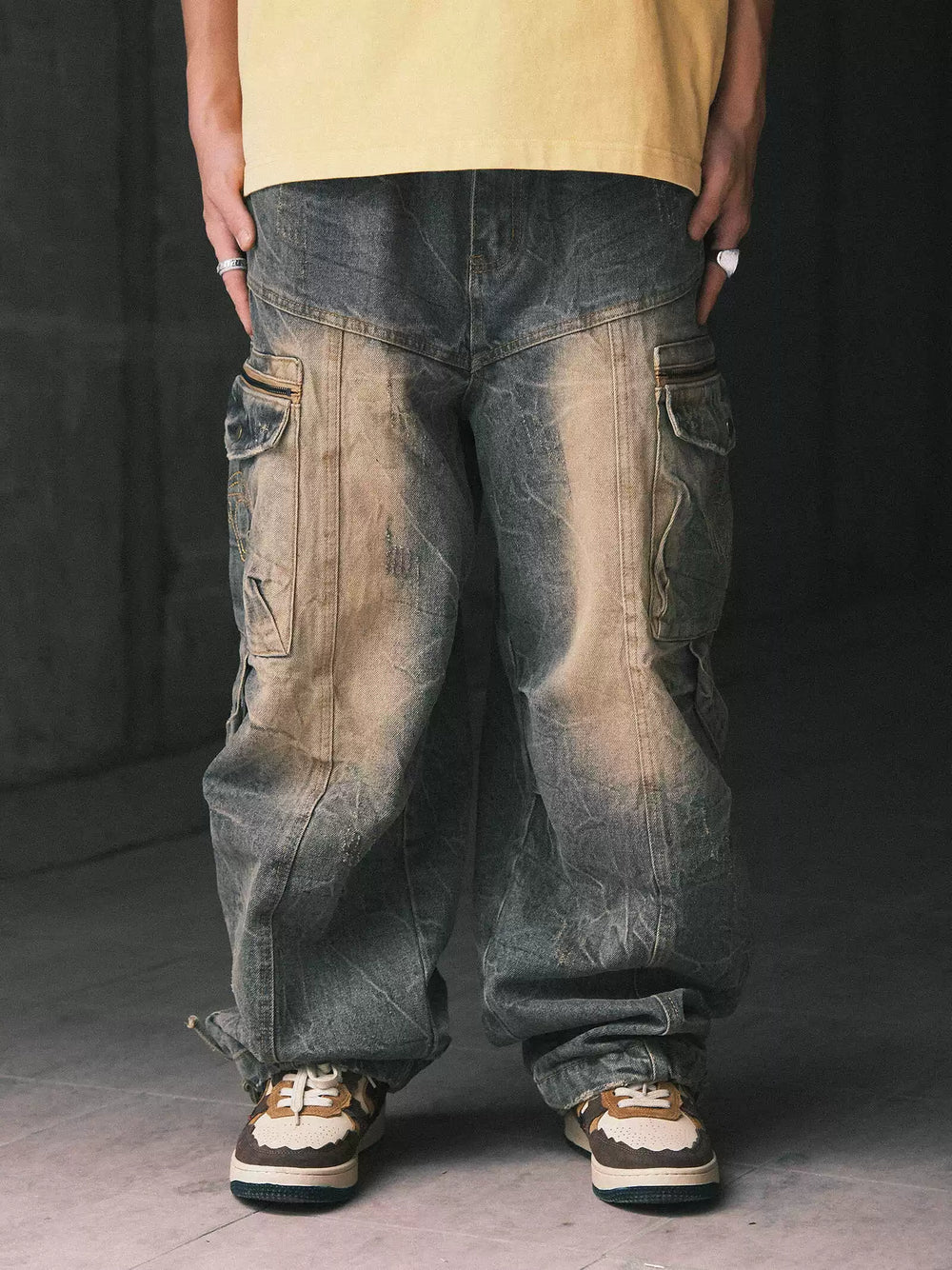 THEWET American heavyweight 14oz tie flower washed distressed long pants loose casual wide leg workwear jeans