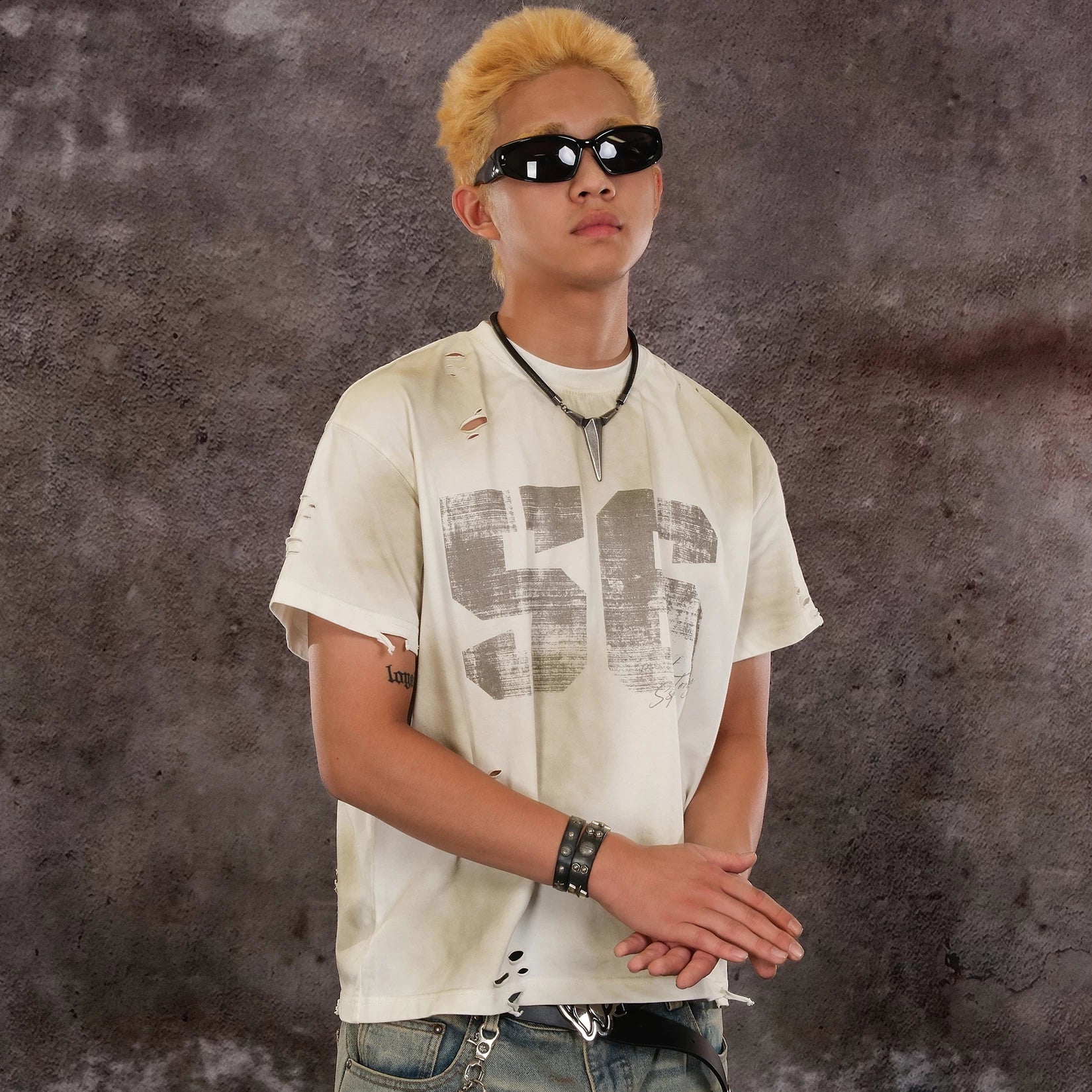 THEWET 2026SS American retro mud dyed distressed street casual fun loose printed short sleeved shirt