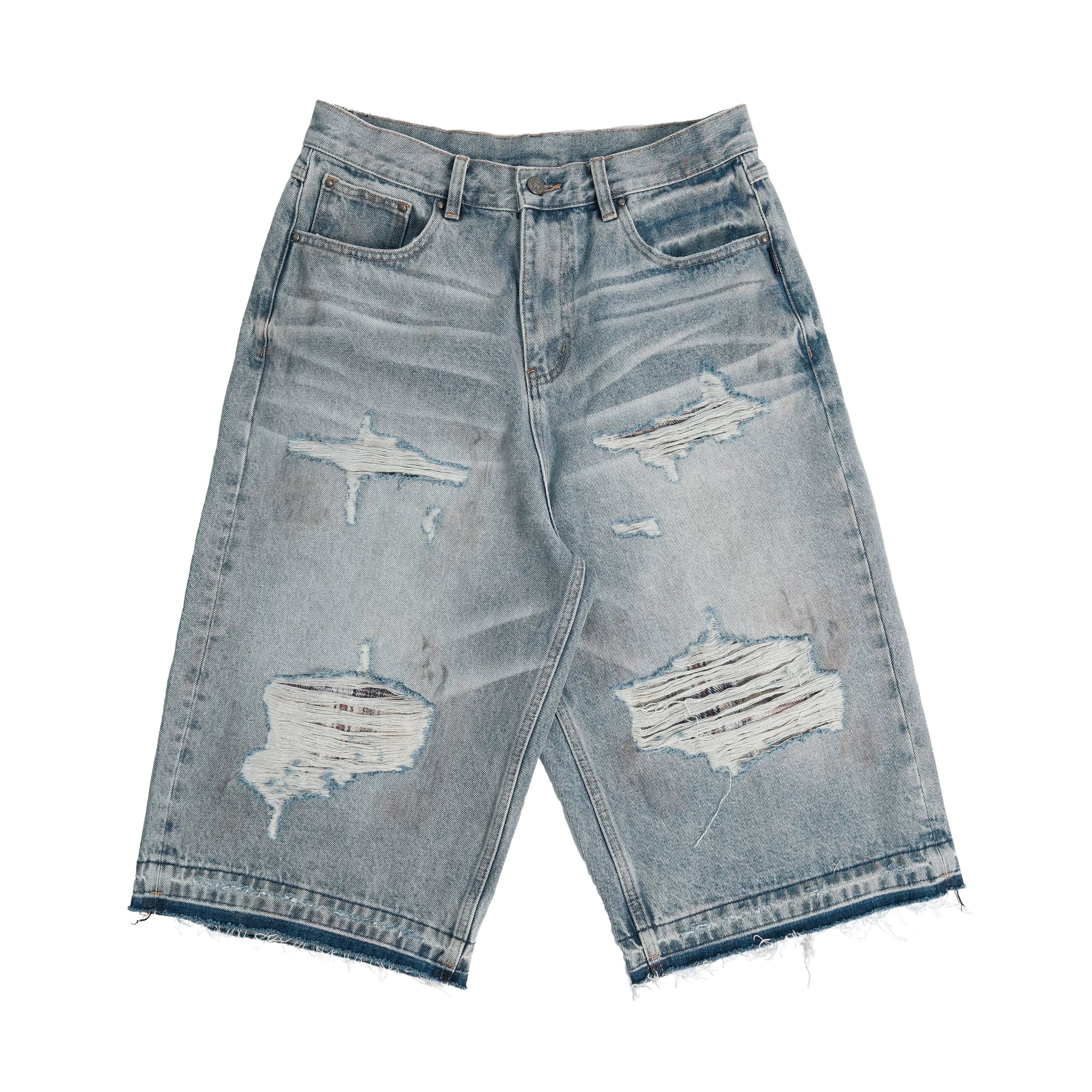 THEWET 14oz washed cat whiskers made of old adhesive fabric, ripped denim cropped pants, retro fringed straight leg shorts