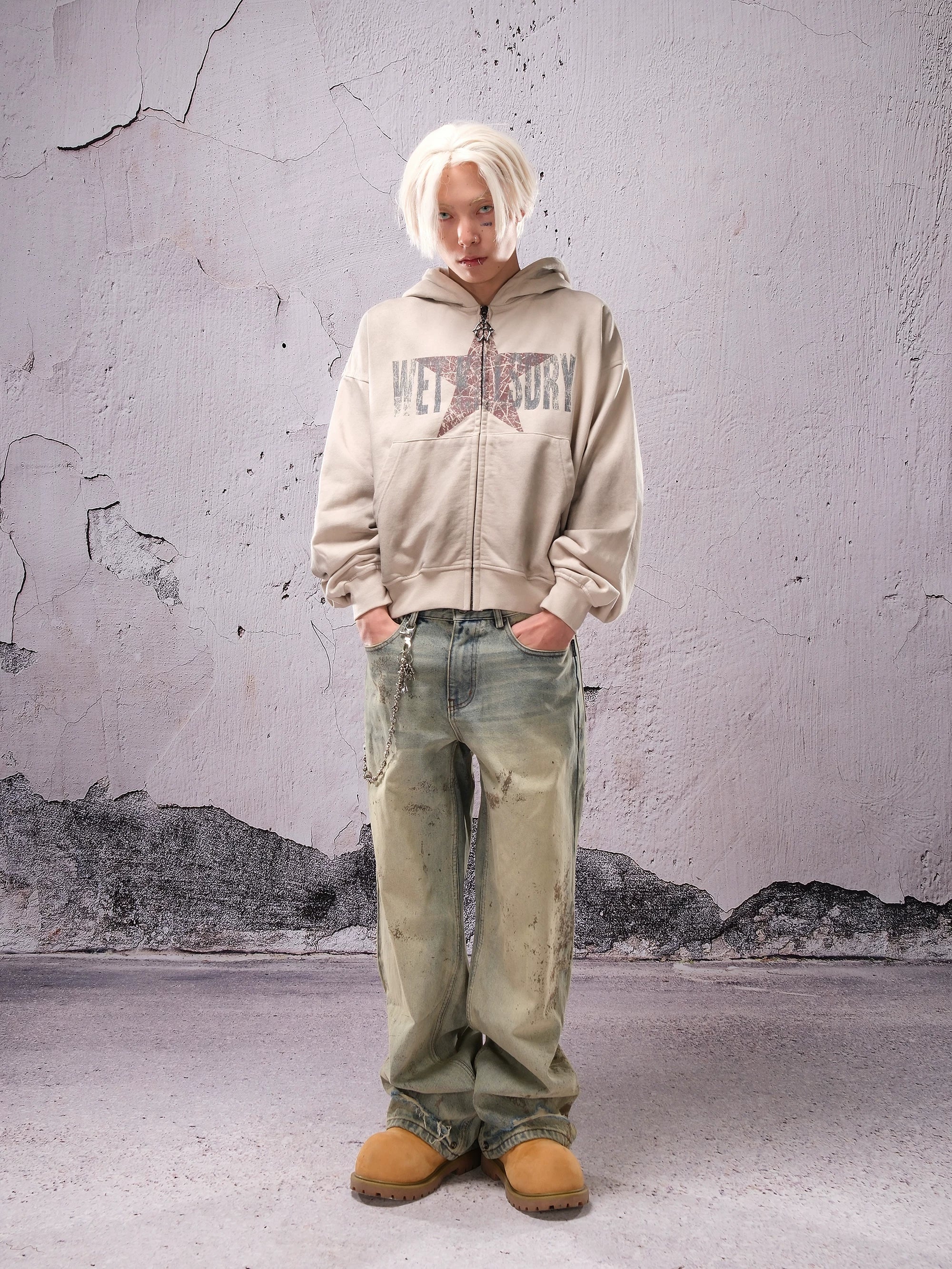 THEWET SPLITTING TONGUE 2025AW Washed and Used Digital Splashed Honeycomb Cat Beard Jeans