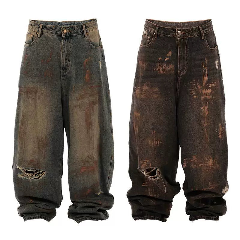 THEWET Tongue Mud Dyeing Waste Soil Baggy Pants Wash and Make Old Super Fat Loose Jeans
