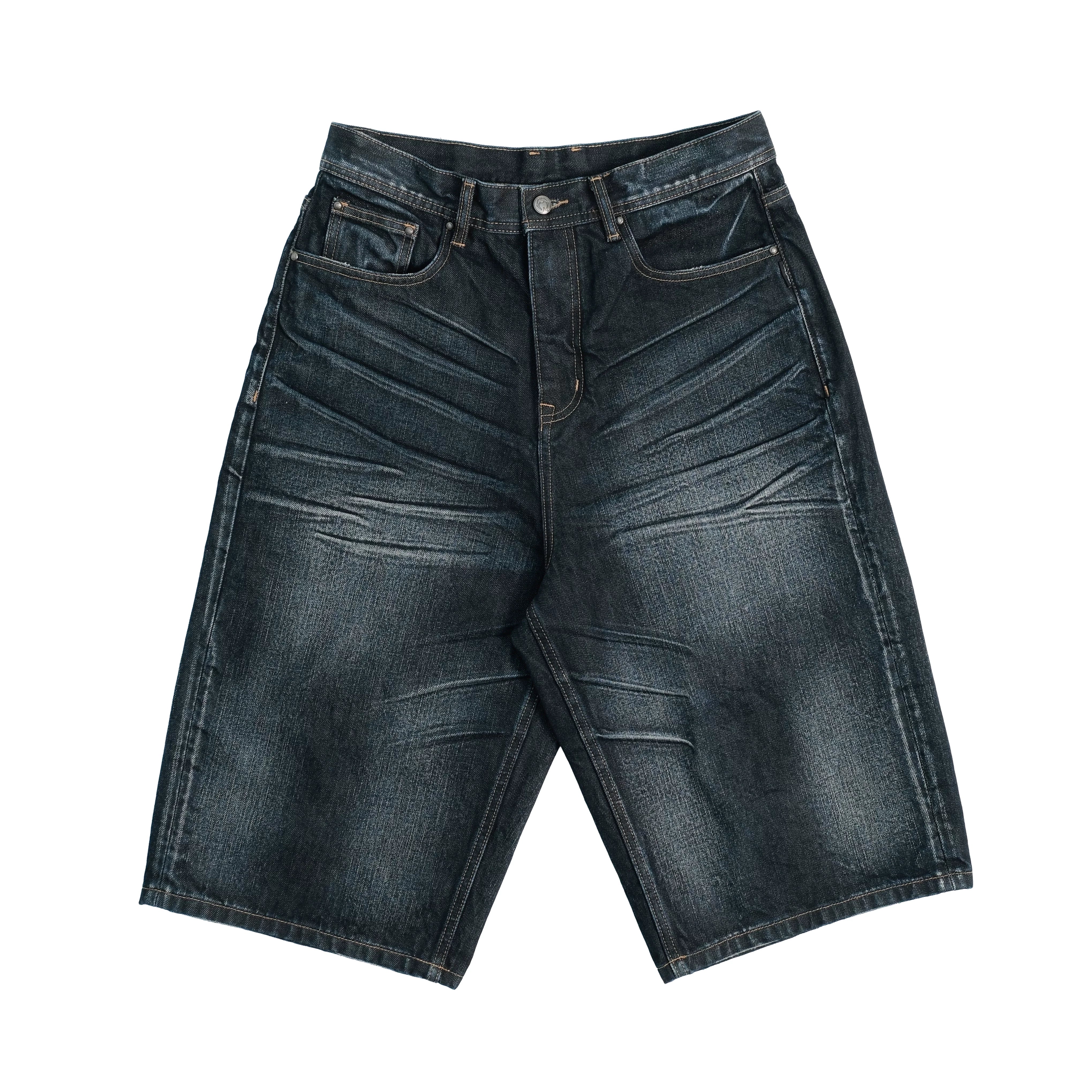 THEWET 14oz American washed distressed three-dimensional pleated cat whisker denim shorts for men, pure cotton wide leg cropped pants