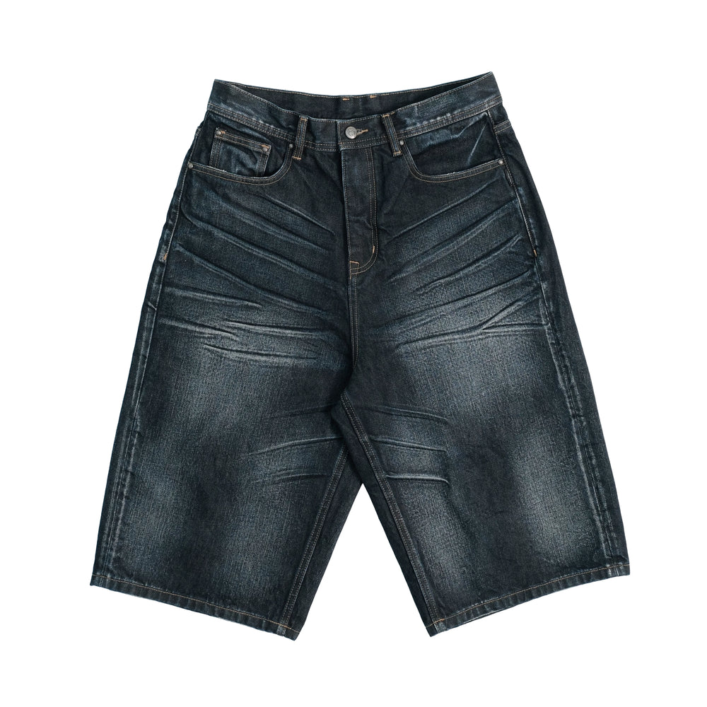 THEWET 14oz American washed distressed three-dimensional pleated cat whisker denim shorts for men, pure cotton wide leg cropped pants