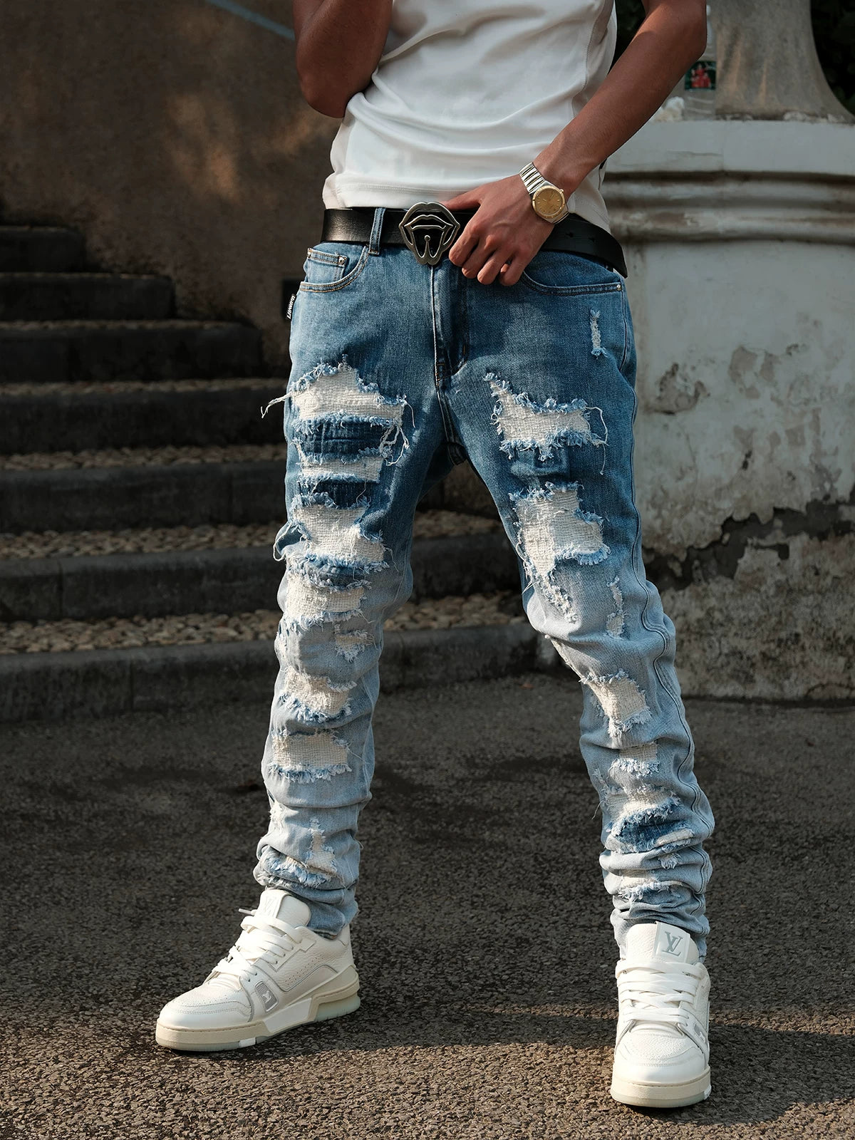 LILWET American Street Piercing Elastic Needle Embroidery HIPHOP Hip Hop Versatile Small Foot Slimming Pants