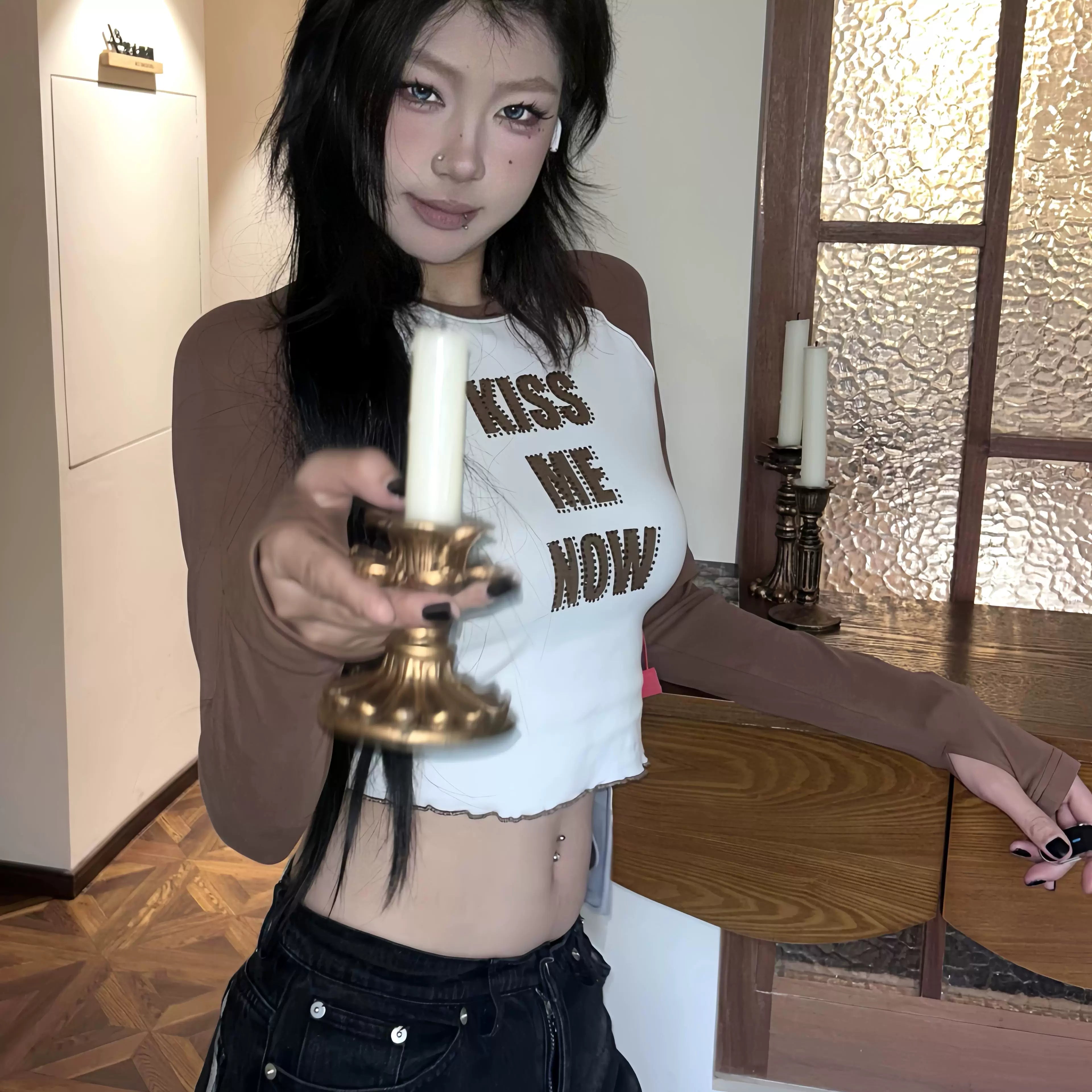 LILWET GIRL Mushroom Edge Water Diamond Printed KISS Long TEE Spicy Girl Leaky Umbilical Close fitting Long Sleeve T-shirt