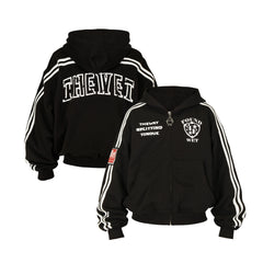 THEWET 2026 Spring American Street Printed Zipper Hoodie 520g Heavy silhouette Casual Straight Pull Hoodie
