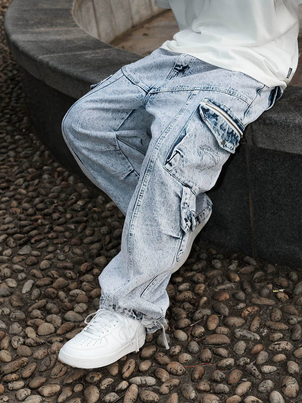 THEWET American heavyweight 14oz tie flower washed distressed long pants loose casual wide leg workwear jeans