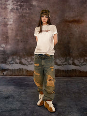 THE WET2025SS American street mud dyed vintage print slogan slim fit star short sleeved tee