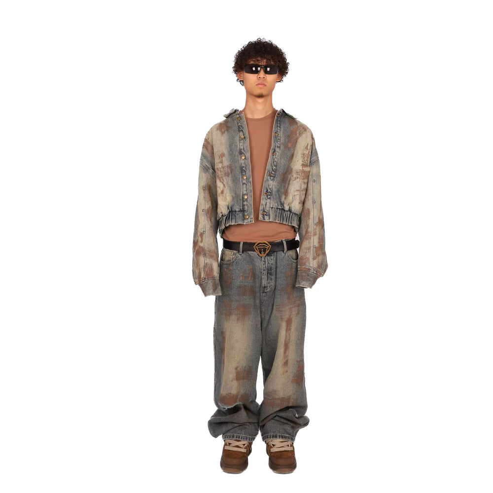 THEWET Tongue Mud Dyeing Waste Soil Baggy Pants Wash and Make Old Super Fat Loose Jeans