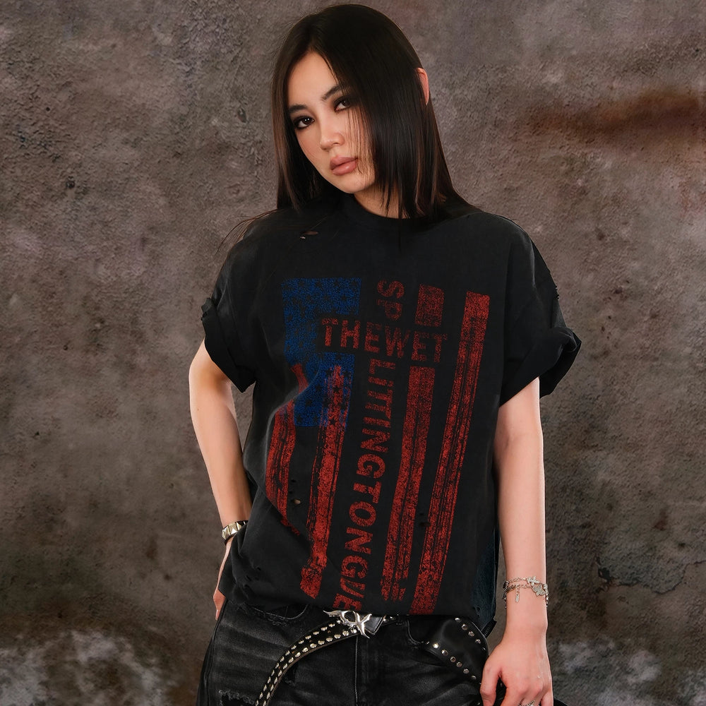 THEWET 2026SS American retro street casual mud dyed vintage flag fun printed short sleeved tee
