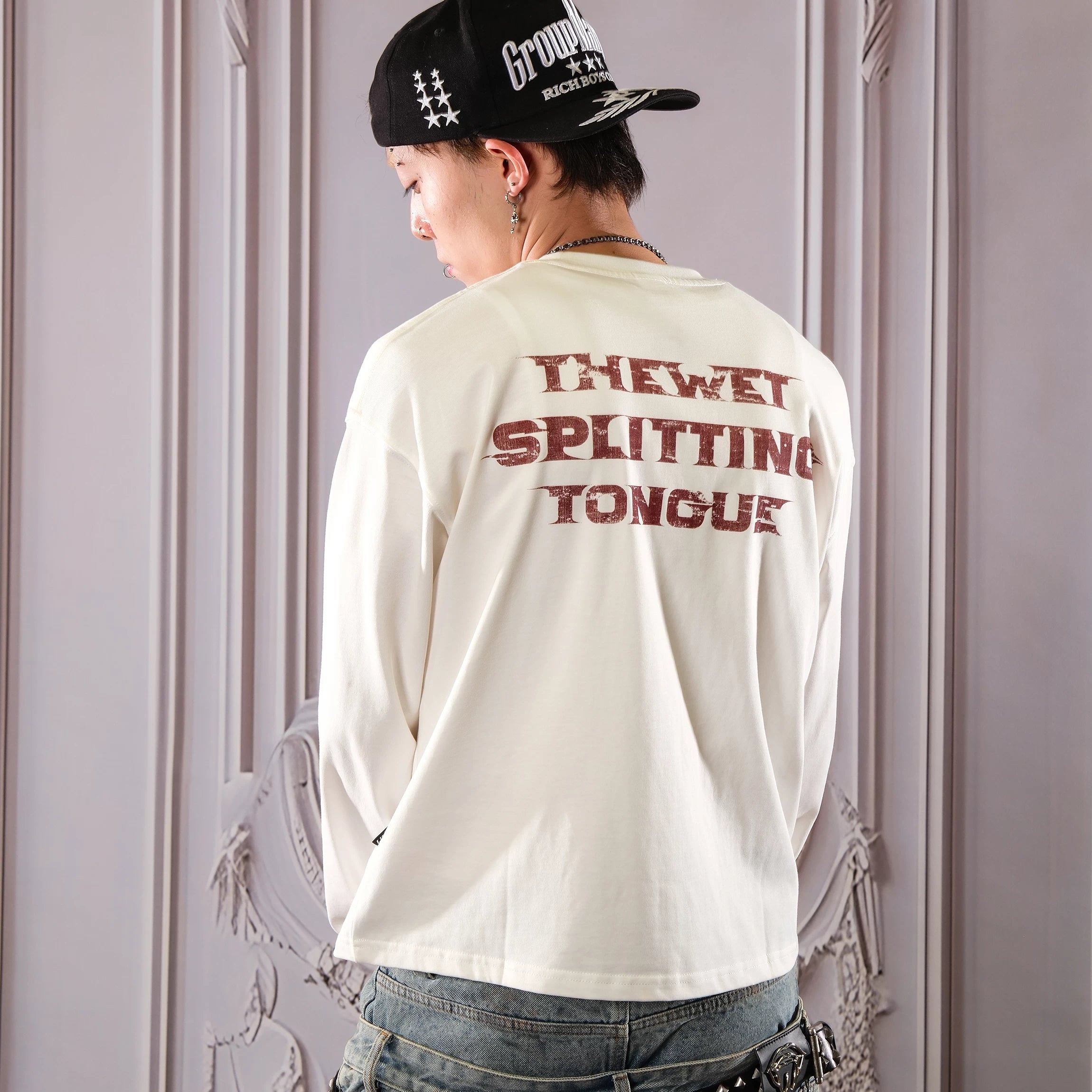 THEWET 2026AW American Street Rolling Stones Split Tongue Joke Fun Long Sleeve Short Style Vintage Printed Long Tee