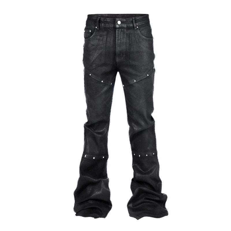 THEWET 2026 Split Tongue Rivet Brushed Wax Flared Pants Dark Pioneer Micro Elastic Casual Style Micro Flared Pants