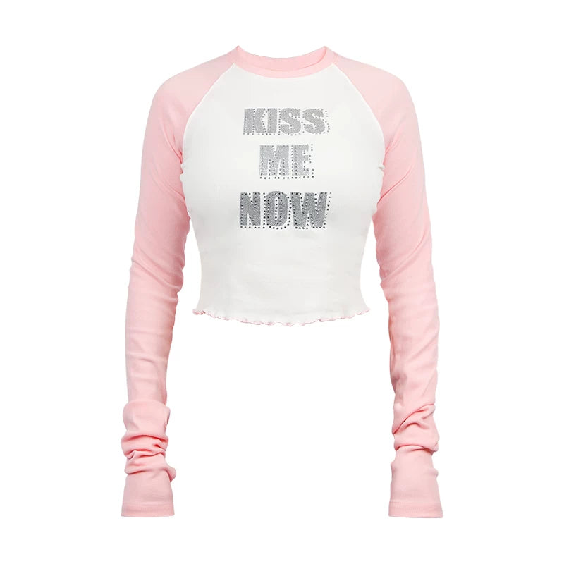 LILWET GIRL Mushroom Edge Water Diamond Printed KISS Long TEE Spicy Girl Leaky Umbilical Close fitting Long Sleeve T-shirt