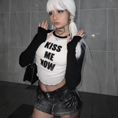LILWET GIRL Mushroom Edge Water Diamond Printed KISS Long TEE Spicy Girl Leaky Umbilical Close fitting Long Sleeve T-shirt