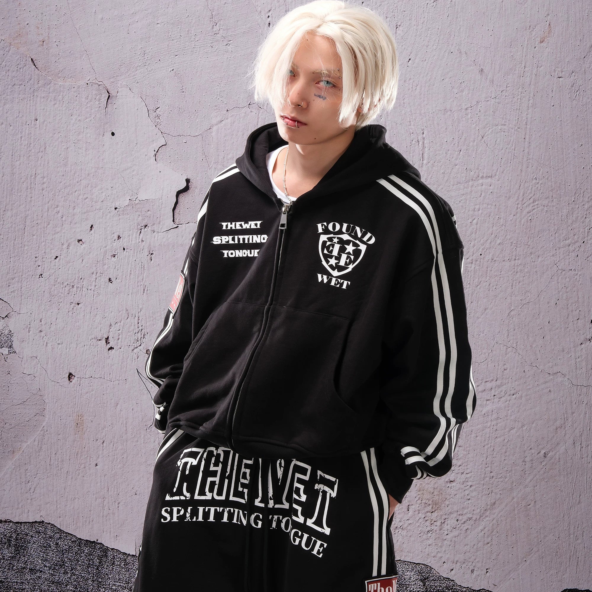 THEWET 2026 Spring American Street Printed Zipper Hoodie 520g Heavy silhouette Casual Straight Pull Hoodie