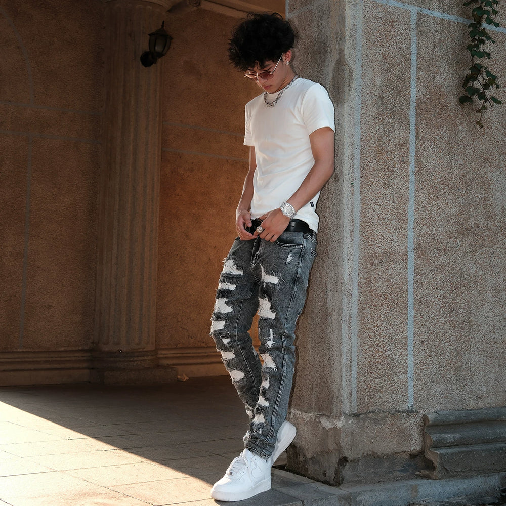 LILWET American Street Piercing Elastic Needle Embroidery HIPHOP Hip Hop Versatile Small Foot Slimming Pants
