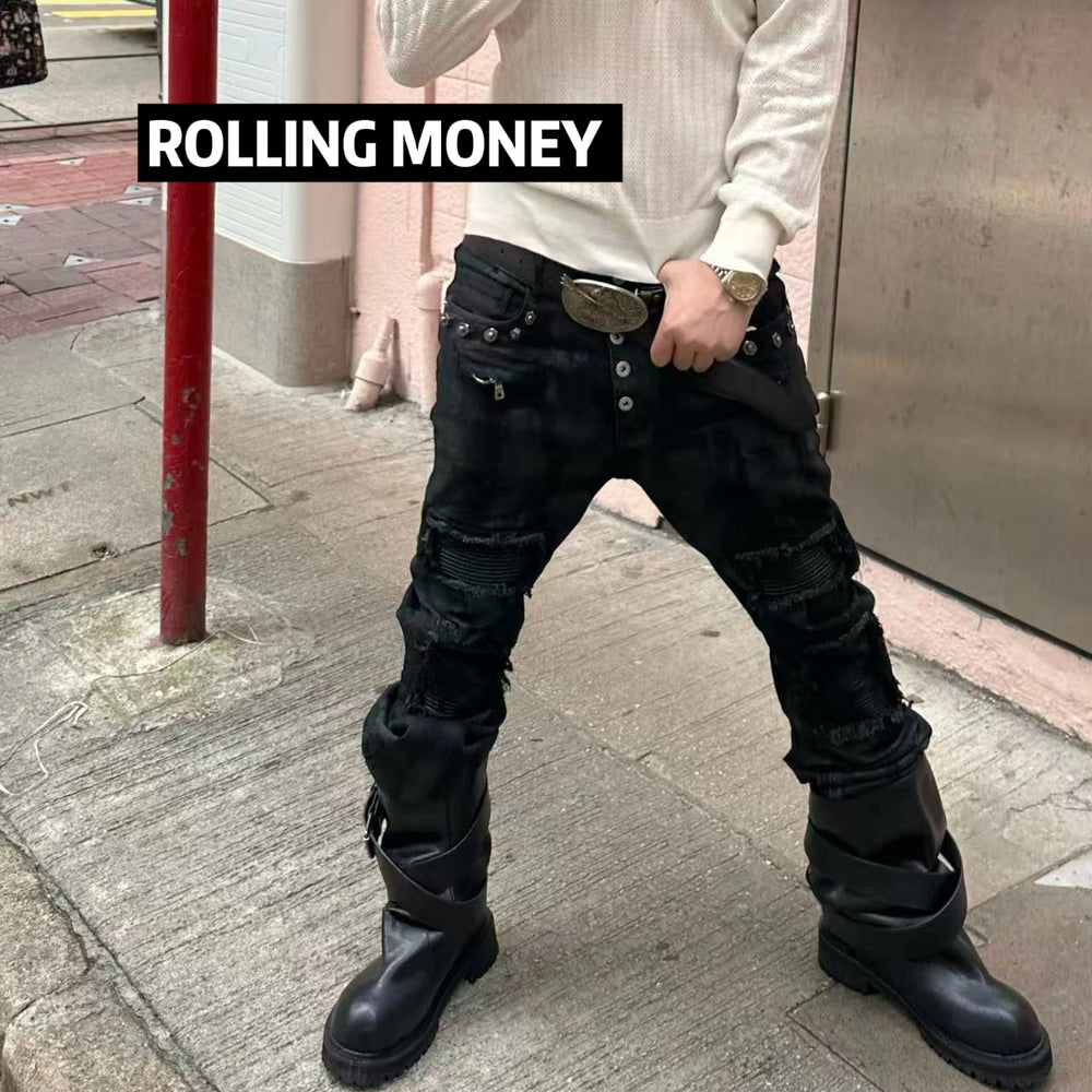 ROLLINGMONEY Waxed Black Jeans