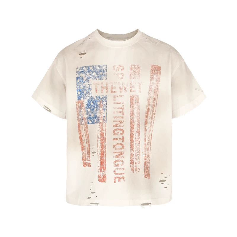 THEWET 2026SS American retro street casual mud dyed vintage flag fun printed short sleeved tee