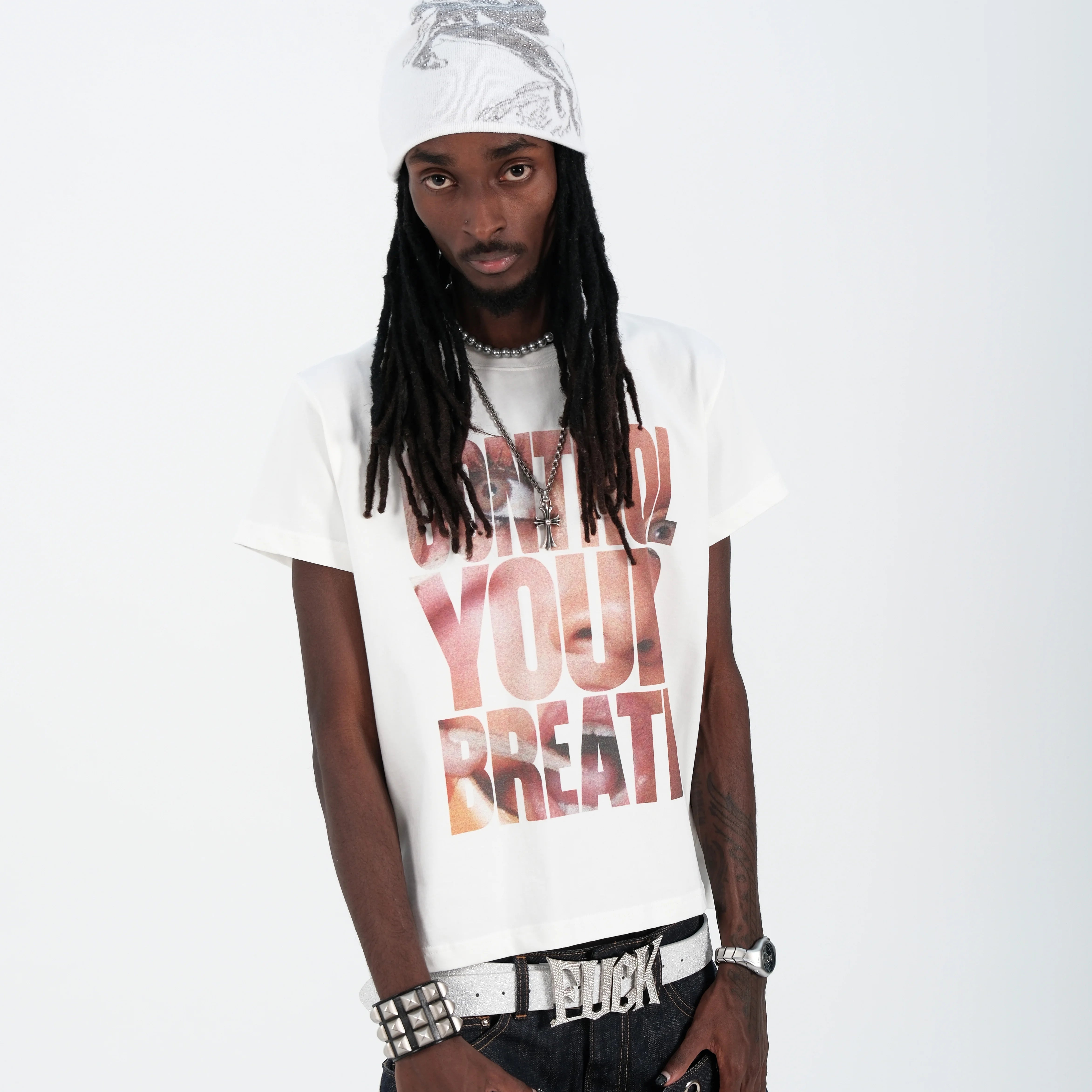 THEWET 2026SS Street Casual Photo White Ink Letter Printed Cotton Slim Short Sleeve Tee