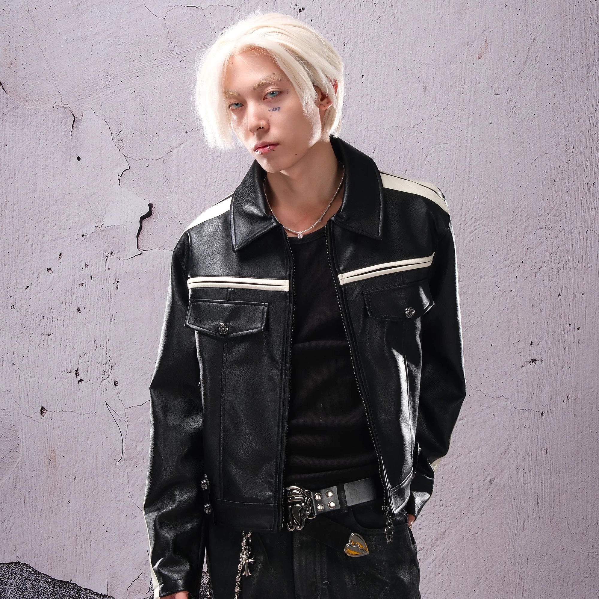THEWET 2025 AW TOPBARRY Same Style Autumn/Winter American Street Short Wide Curved Knife Splicing Leather Jacket
