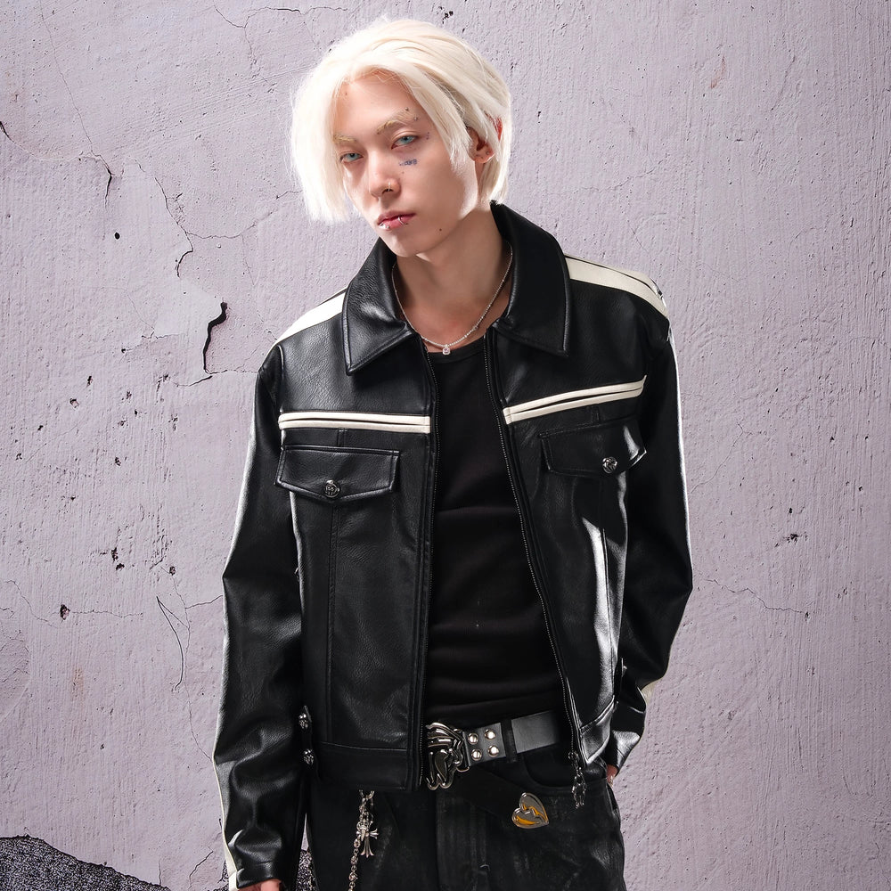 THEWET 2025 AW TOPBARRY Same Style Autumn/Winter American Street Short Wide Curved Knife Splicing Leather Jacket
