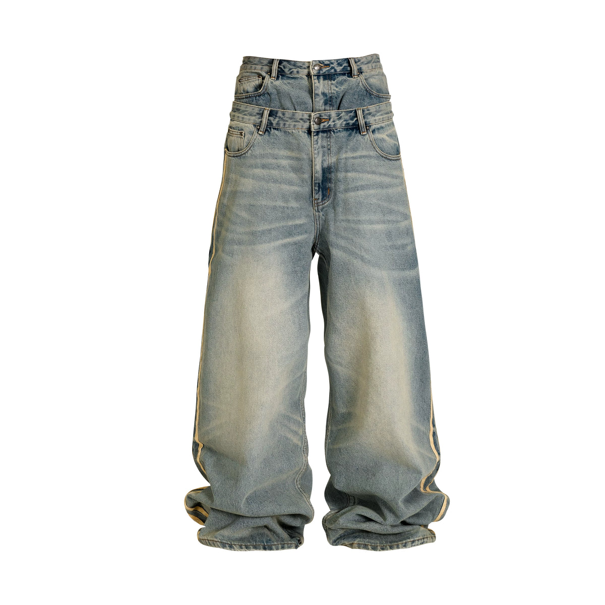 THEWET SPLITTING TONGUE 2025AW Washed and Used Honeycomb Cat Beard Double Waist Cowboy Pants