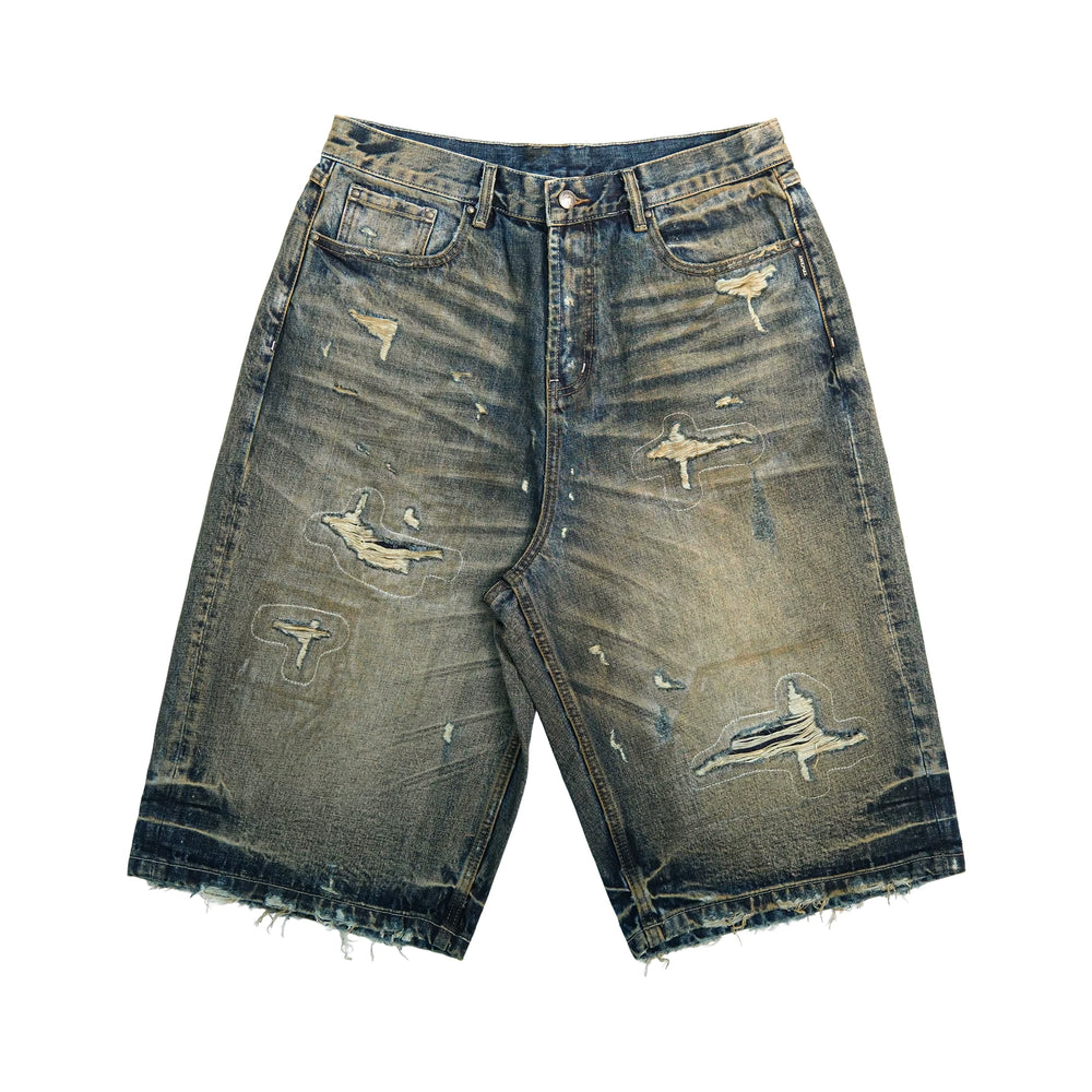 THEWET 14oz washed distressed denim cropped pants with messy needles and holes, vintage dirt removal straight leg shorts