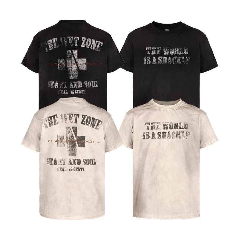 THEWET 2025SS American retro mud dyed distressed street casual cross distressed printed short sleeved tee