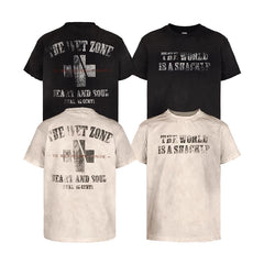 THEWET 2025SS American retro mud dyed distressed street casual cross distressed printed short sleeved tee