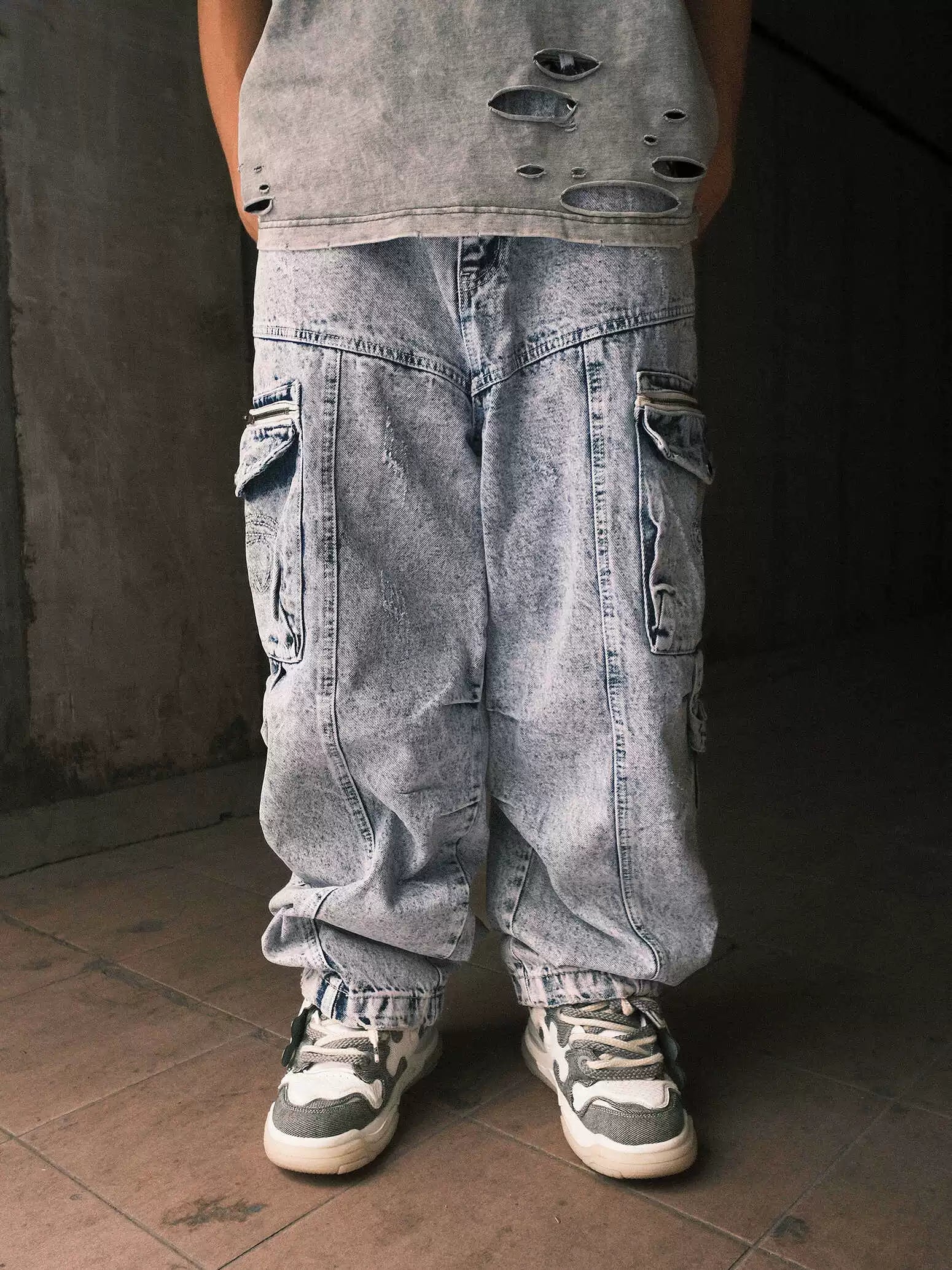 THEWET American heavyweight 14oz tie flower washed distressed long pants loose casual wide leg workwear jeans