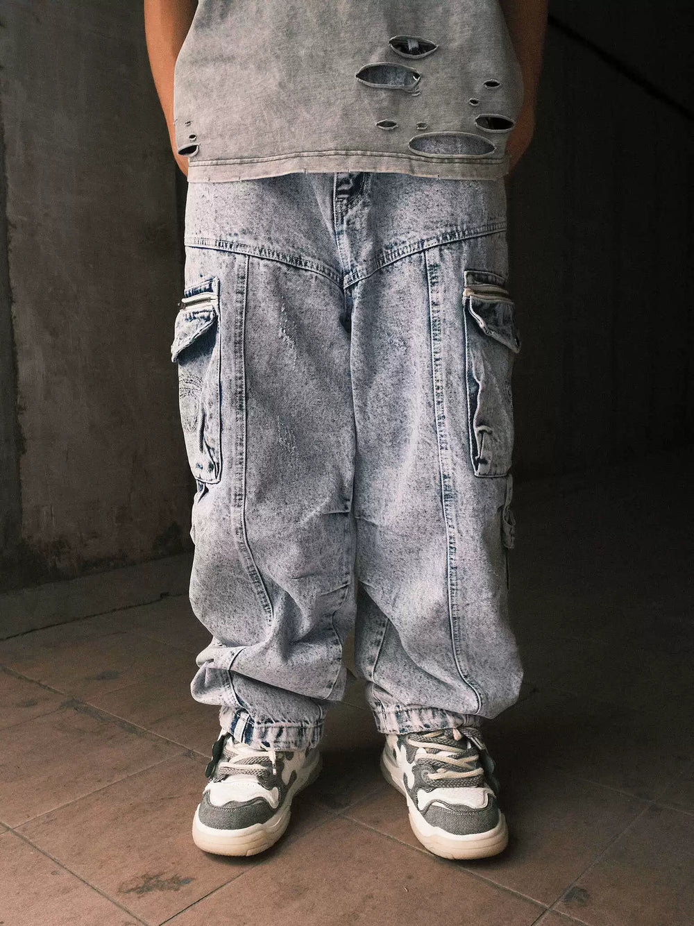 THEWET American heavyweight 14oz tie flower washed distressed long pants loose casual wide leg workwear jeans