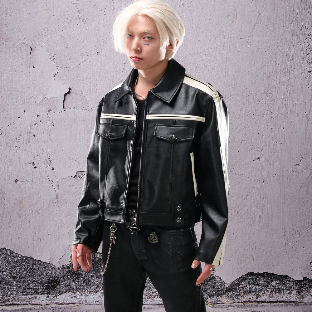 THEWET 2025 AW TOPBARRY Same Style Autumn/Winter American Street Short Wide Curved Knife Splicing Leather Jacket