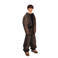 THEWET Tongue Mud Dyeing Waste Soil Baggy Pants Wash and Make Old Super Fat Loose Jeans