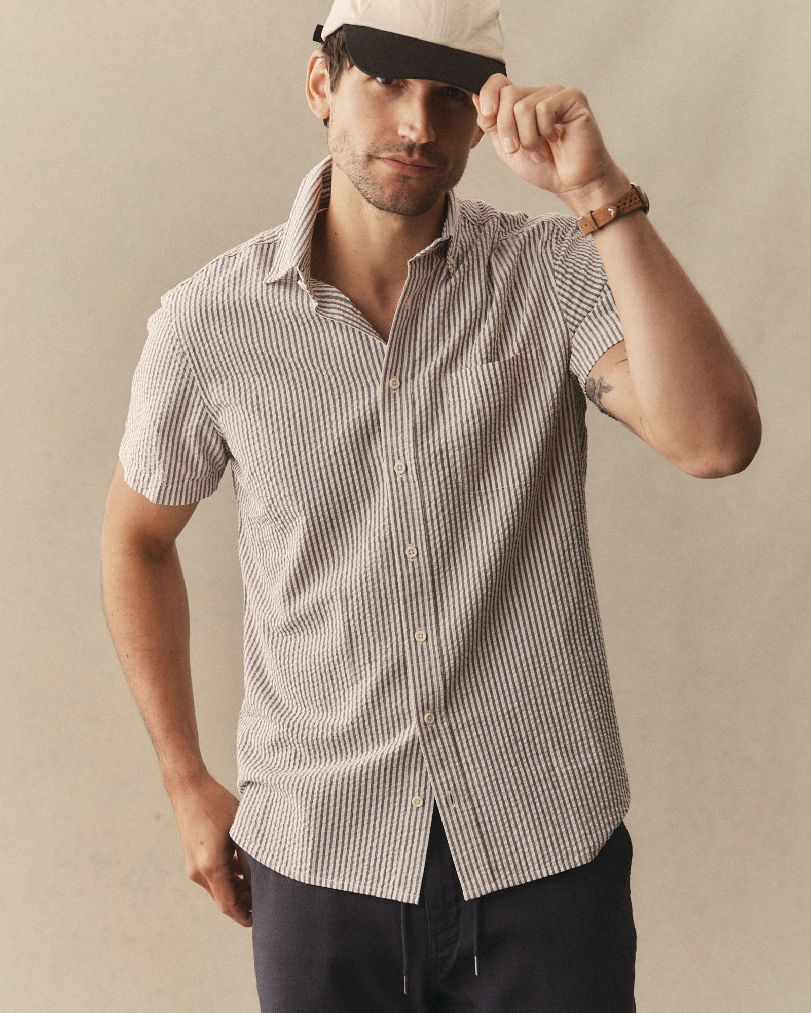 The Short Sleeve Jack in Steel Blue Stripe Seersucker