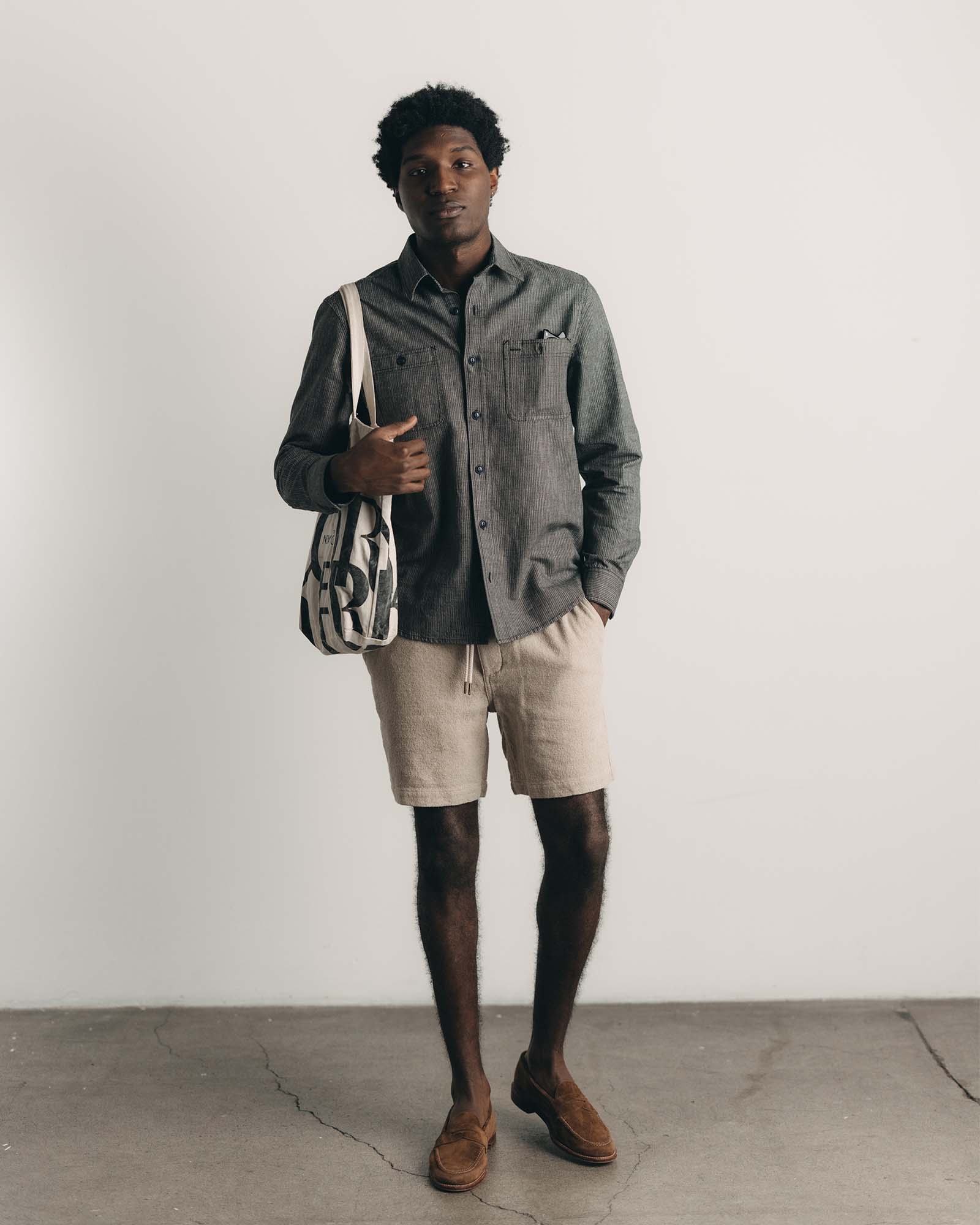 The Apres Short in Heather Oat Crepe