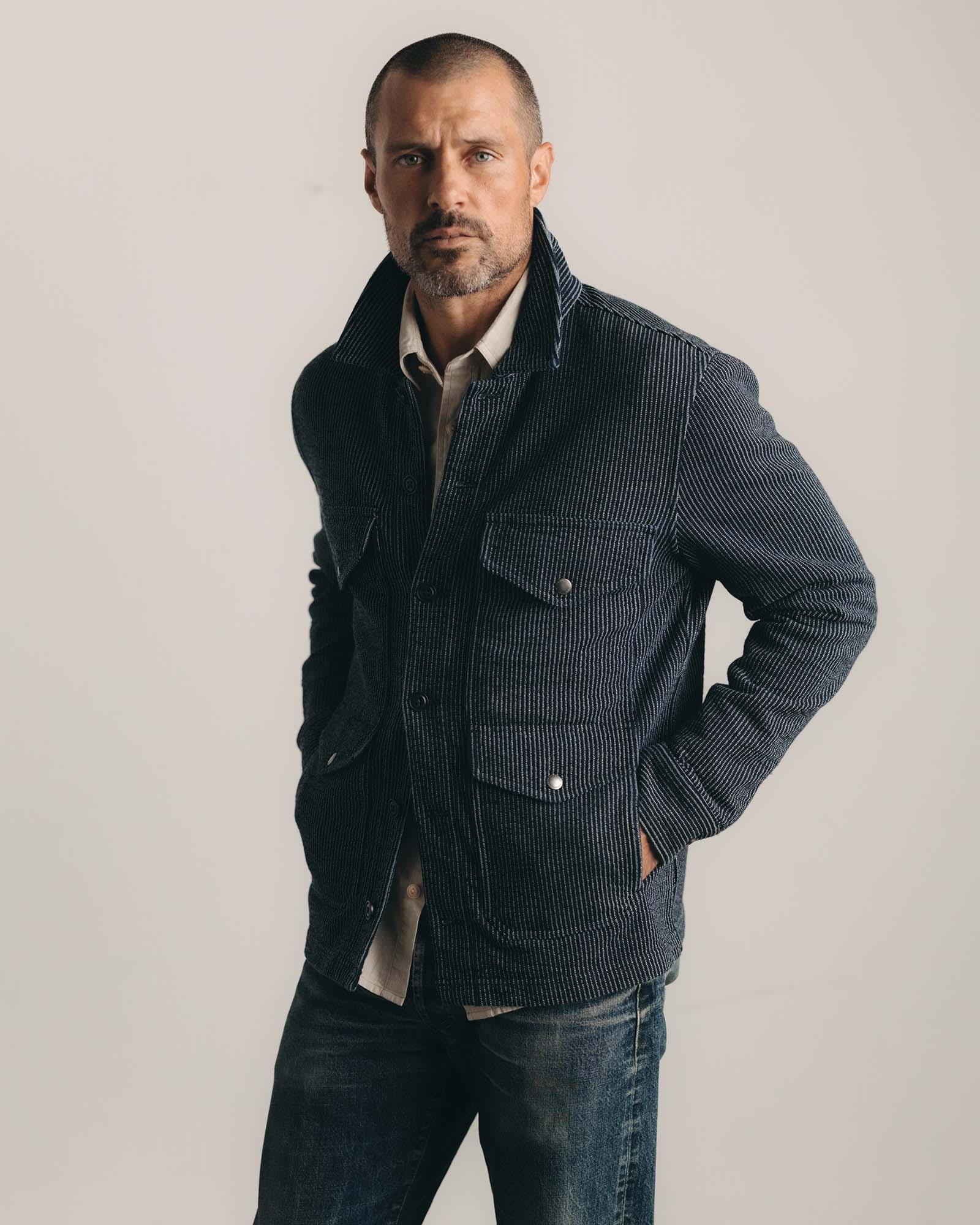 The Jackson Jacket in Rinsed Indigo French Terry Stripe