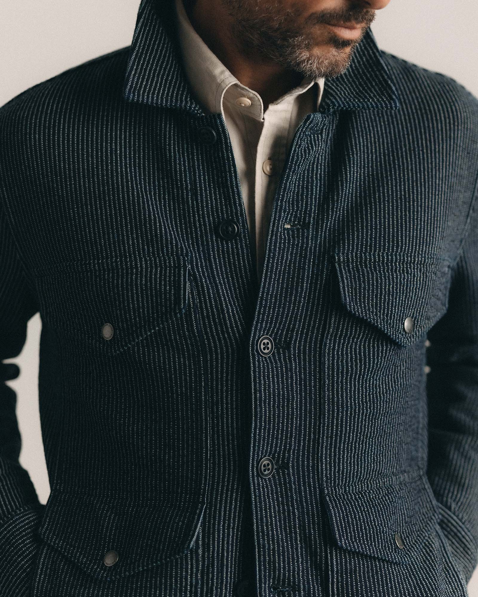 The Jackson Jacket in Rinsed Indigo French Terry Stripe