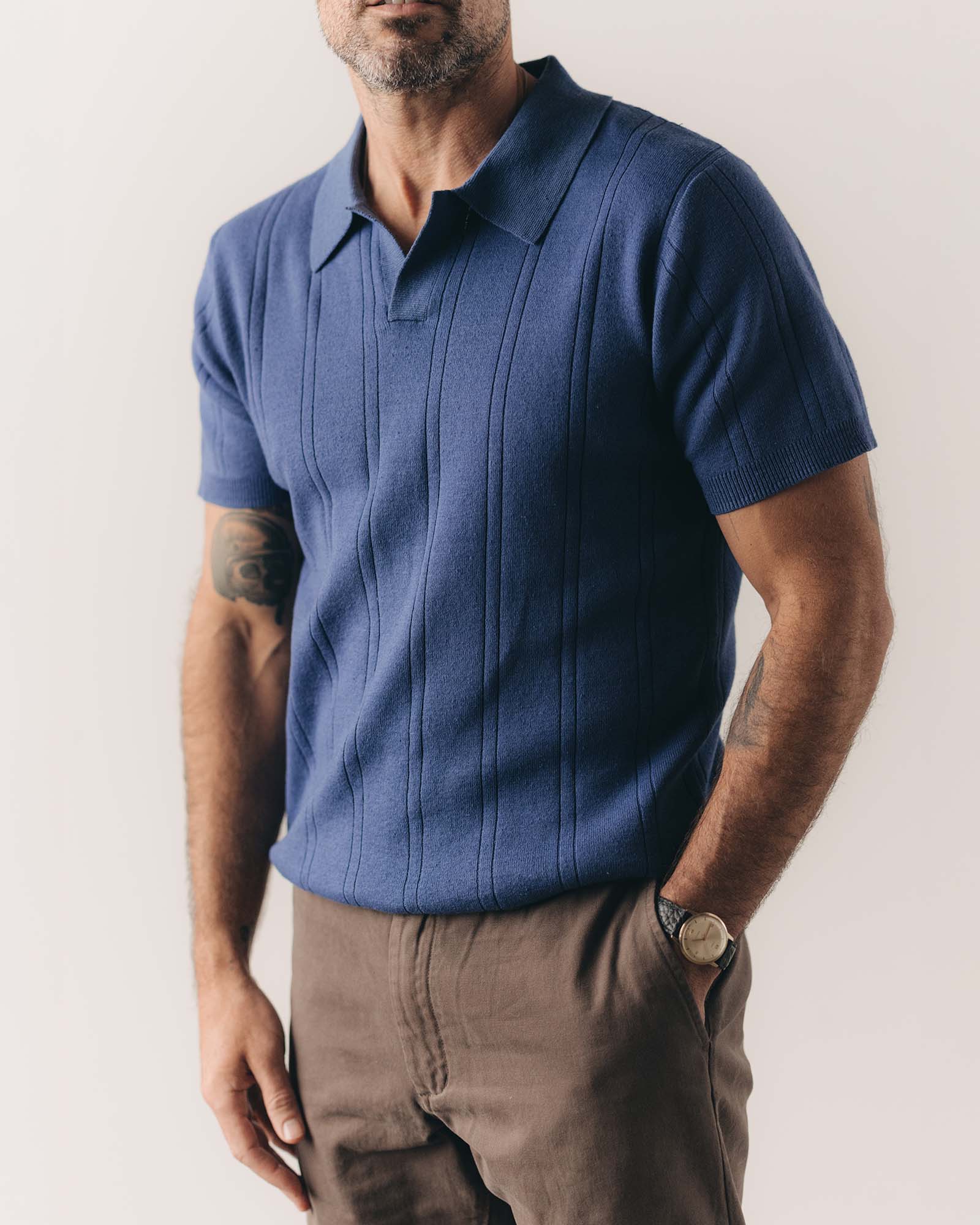 The Valencia Sweater Polo in Heather Clear Blue Rib