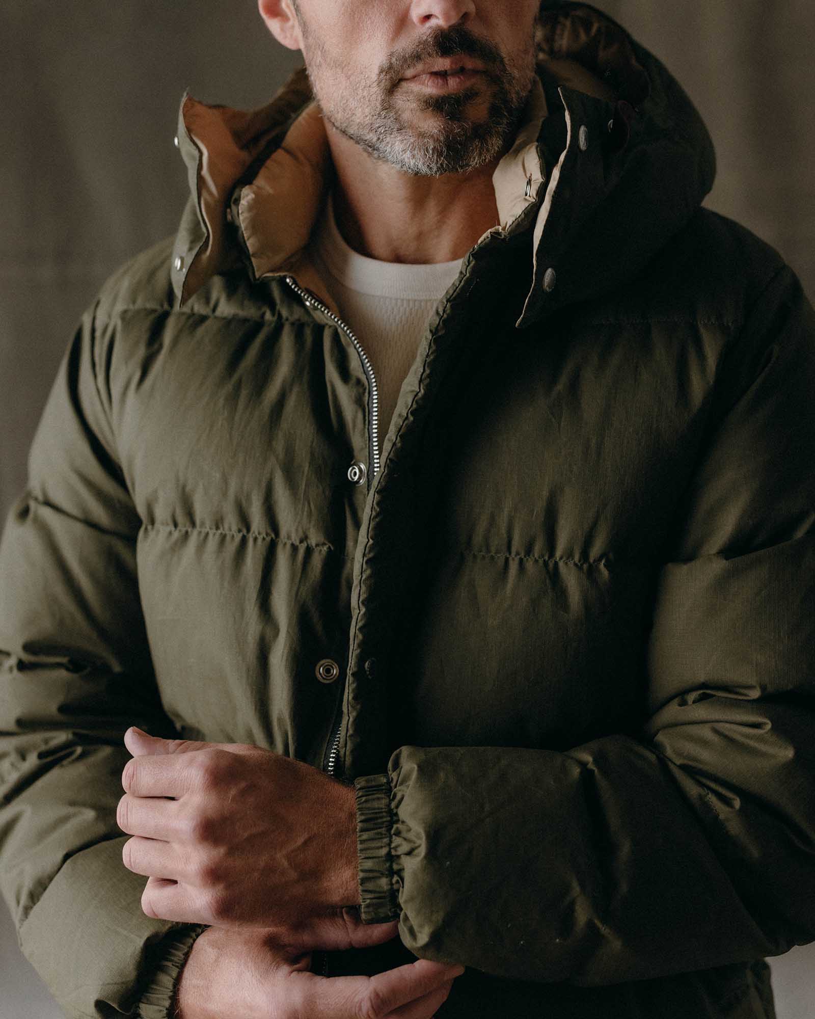 The Down Sweater in Olive Waxed Ripstop