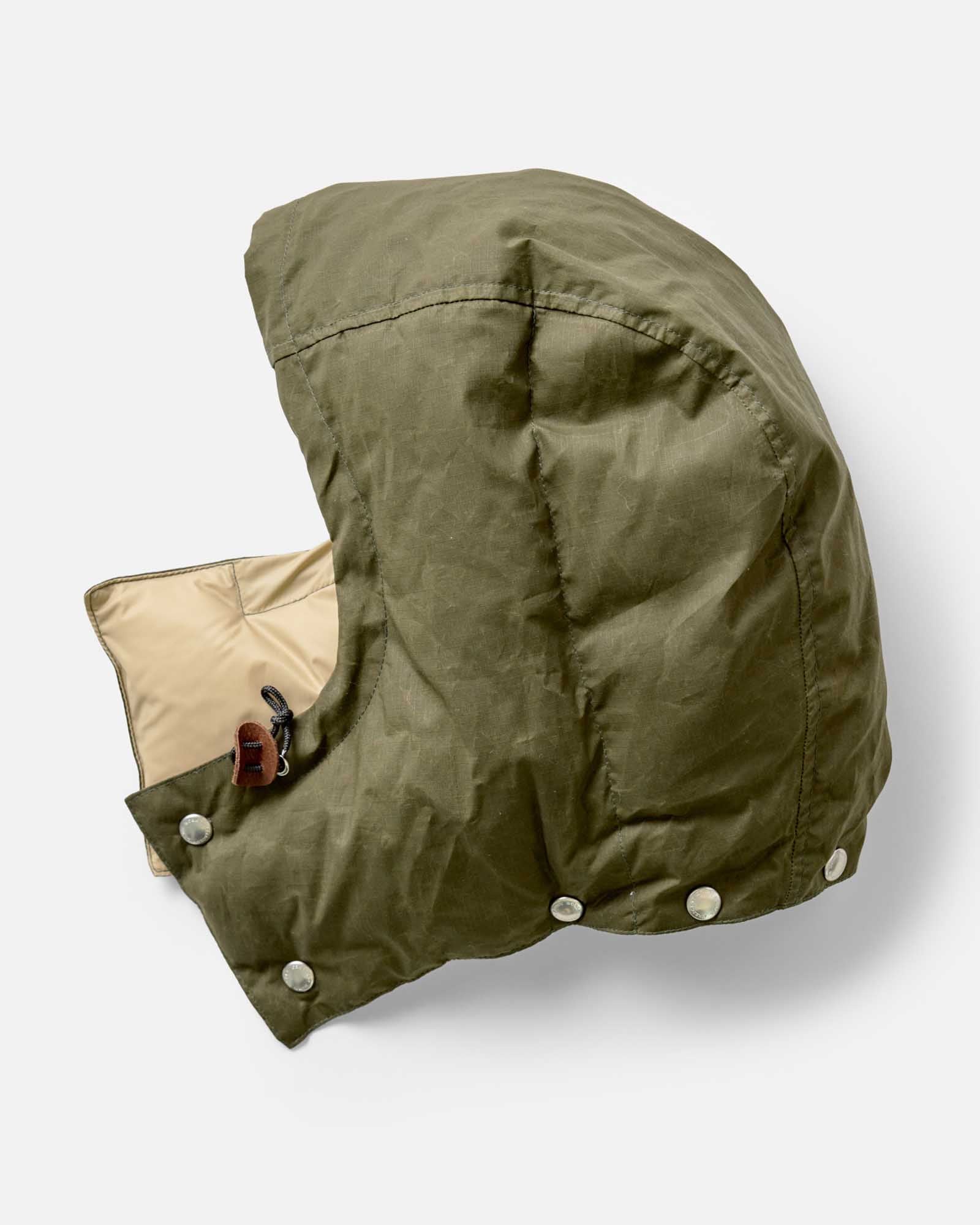 The Down Sweater in Olive Waxed Ripstop