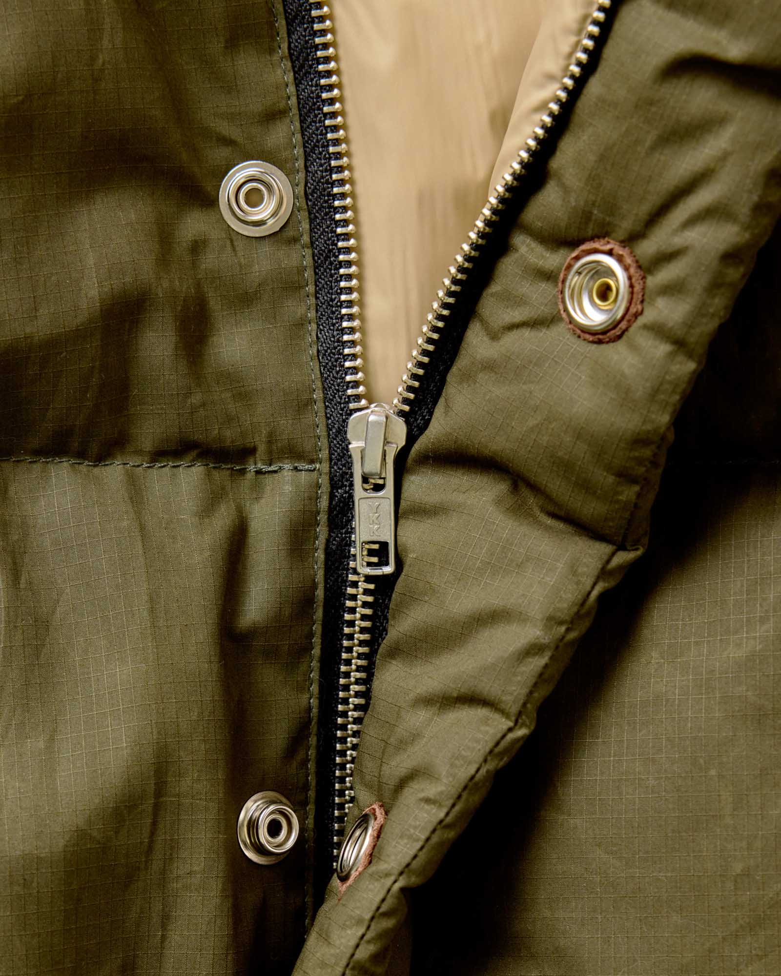 The Down Sweater in Olive Waxed Ripstop